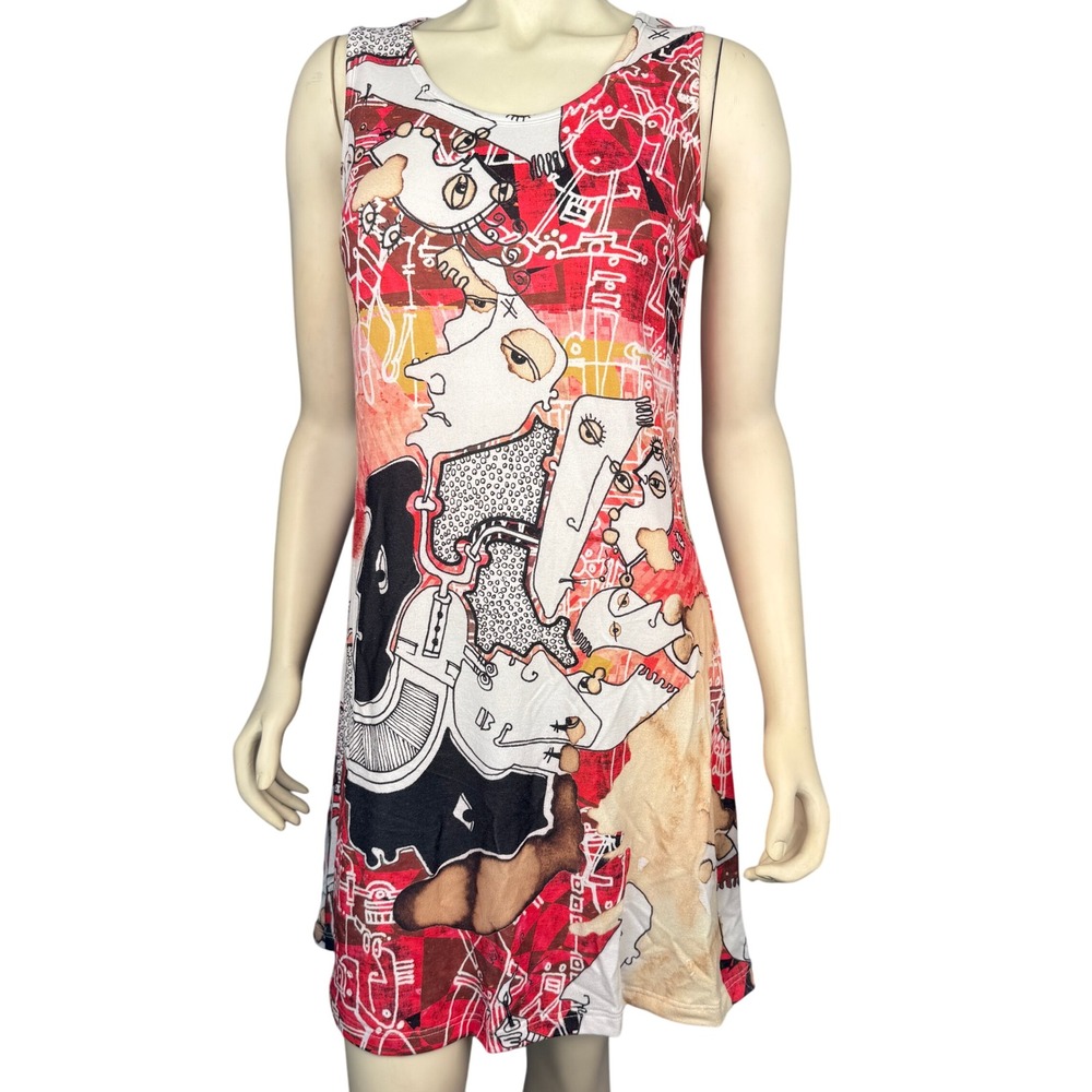 Inoah Abstract Art‎ Print Tank L Dress Red MultiSleeveless Stretch Knit USA